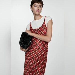 Mango maroon check long dress NWT